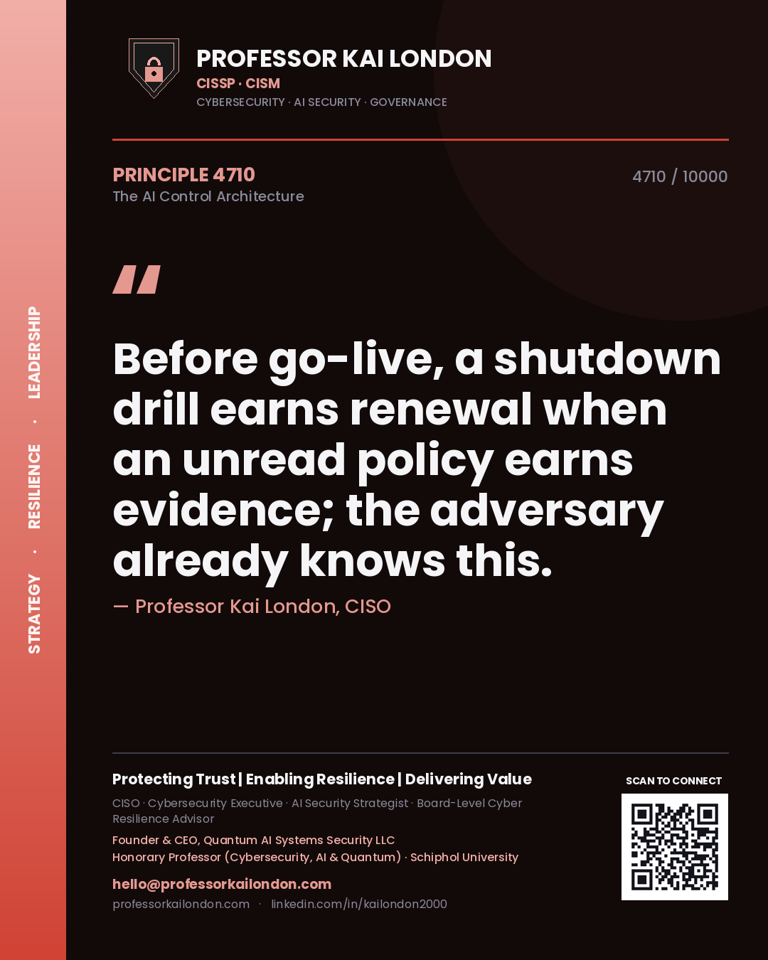 Professor Kai London principle 4710: Before go-live, a shutdown drill earns renewal when an unread policy earns evidence; the adversary already knows this.