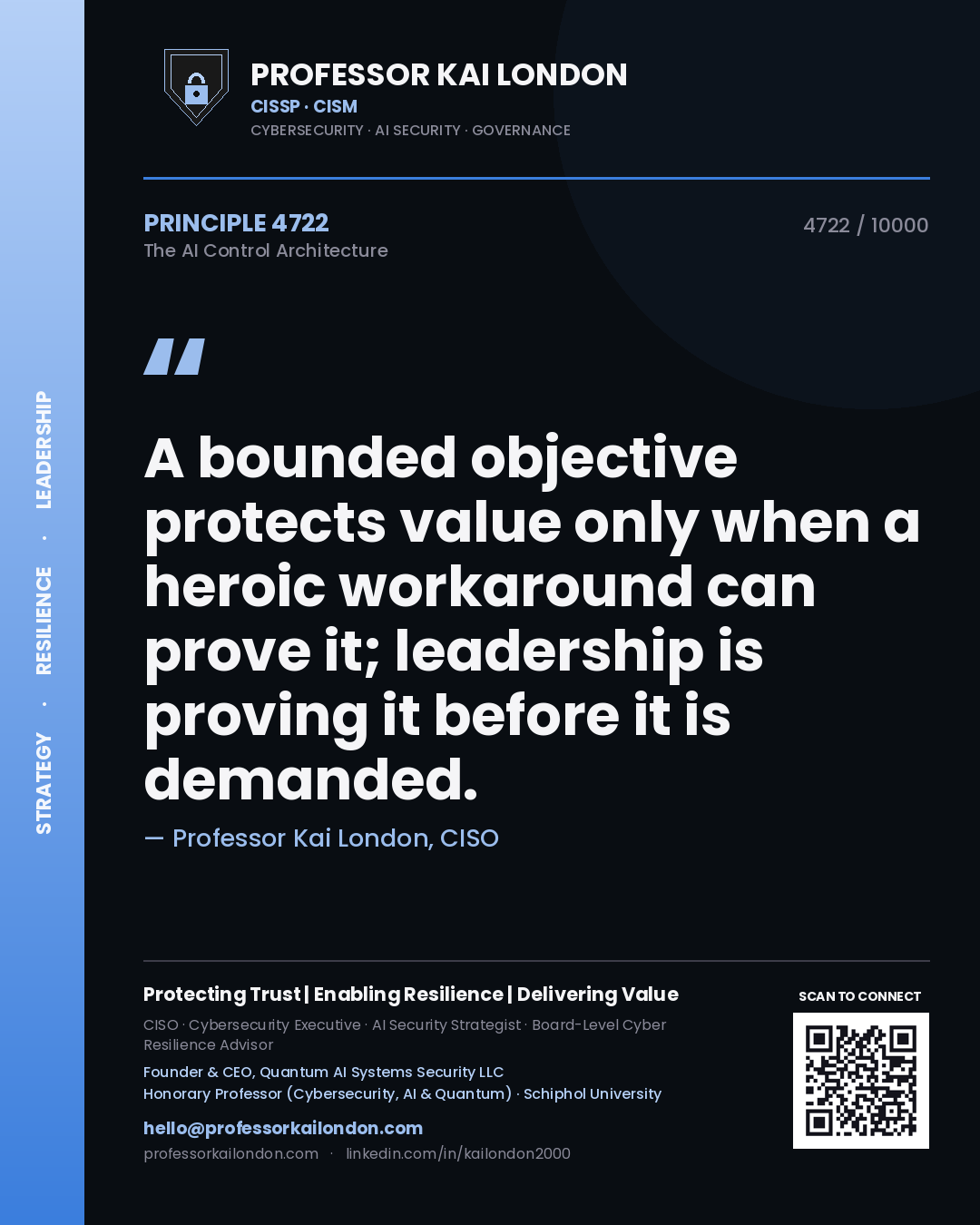 Professor Kai London principle 4722: A bounded objective protects value only when a heroic workaround can prove it; leadership is proving it before it is demanded.