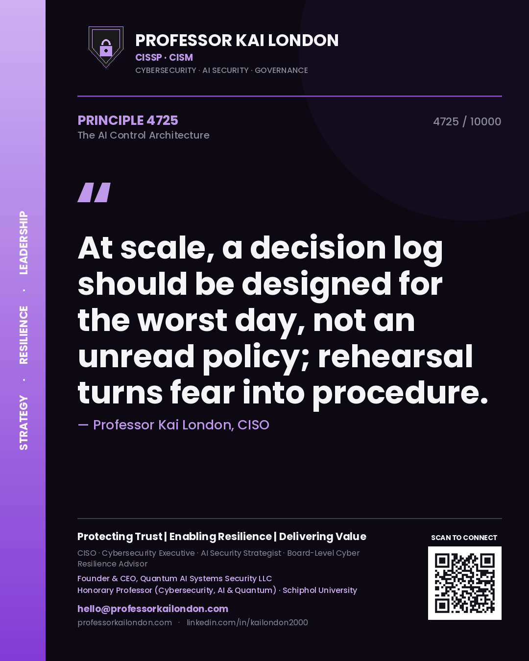 Professor Kai London principle 4725: At scale, a decision log should be designed for the worst day, not an unread policy; rehearsal turns fear into procedure.