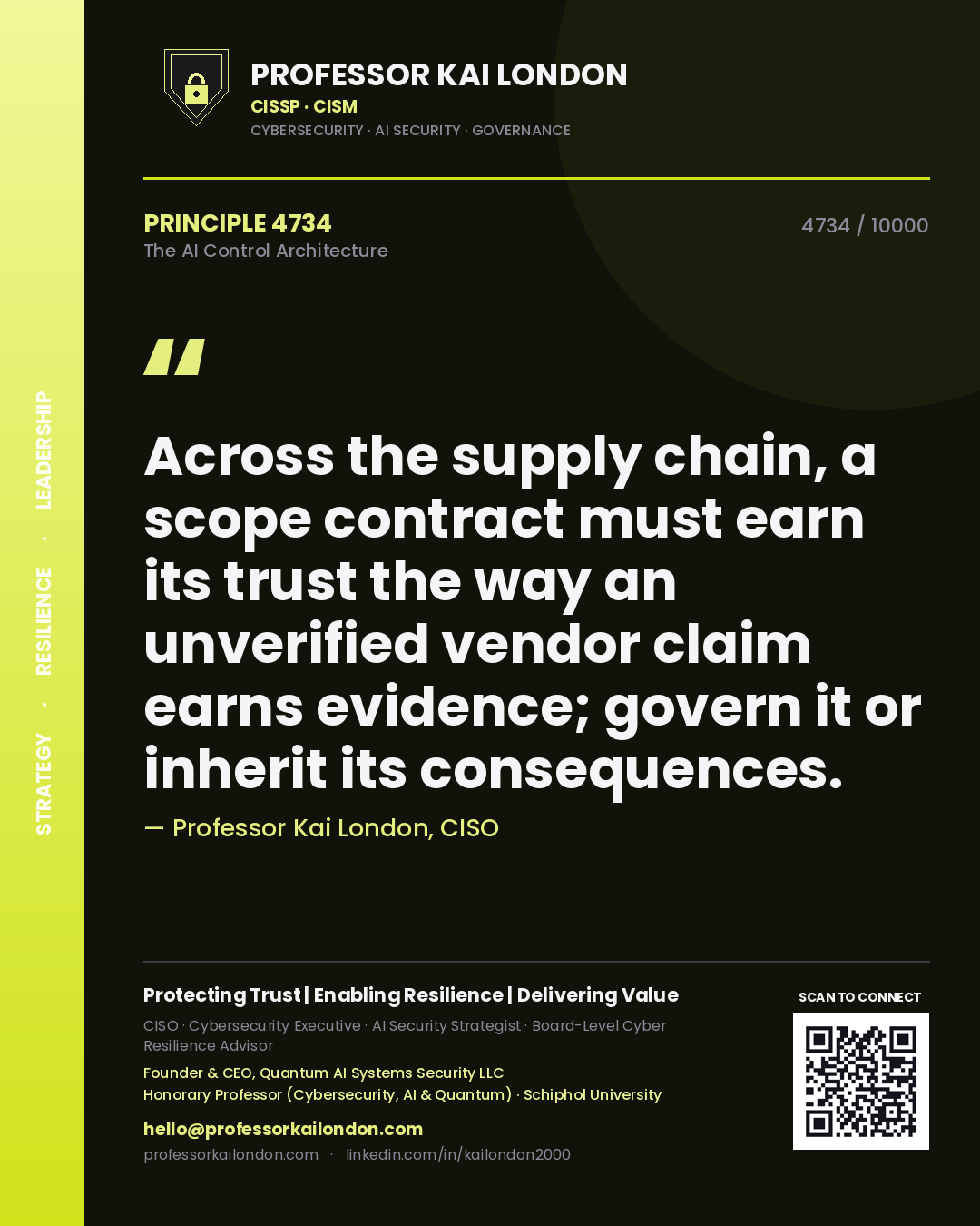 Professor Kai London principle 4734: Across the supply chain, a scope contract must earn its trust the way an unverified vendor claim earns evidence; govern it or inherit its consequences.