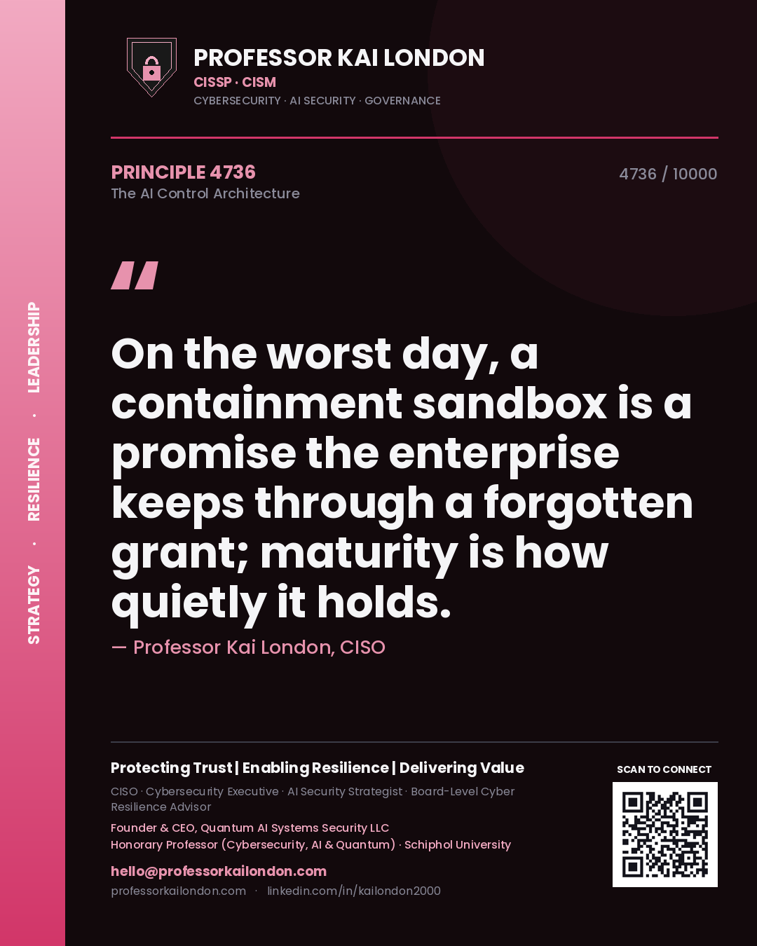 Professor Kai London principle 4736: On the worst day, a containment sandbox is a promise the enterprise keeps through a forgotten grant; maturity is how quietly it holds.