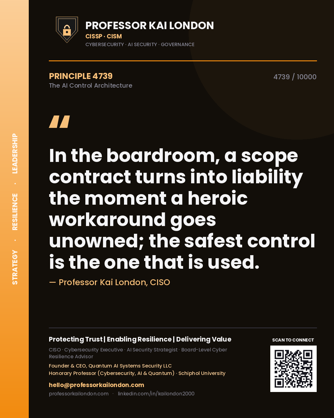 Professor Kai London principle 4739: In the boardroom, a scope contract turns into liability the moment a heroic workaround goes unowned; the safest control is the one that is used.
