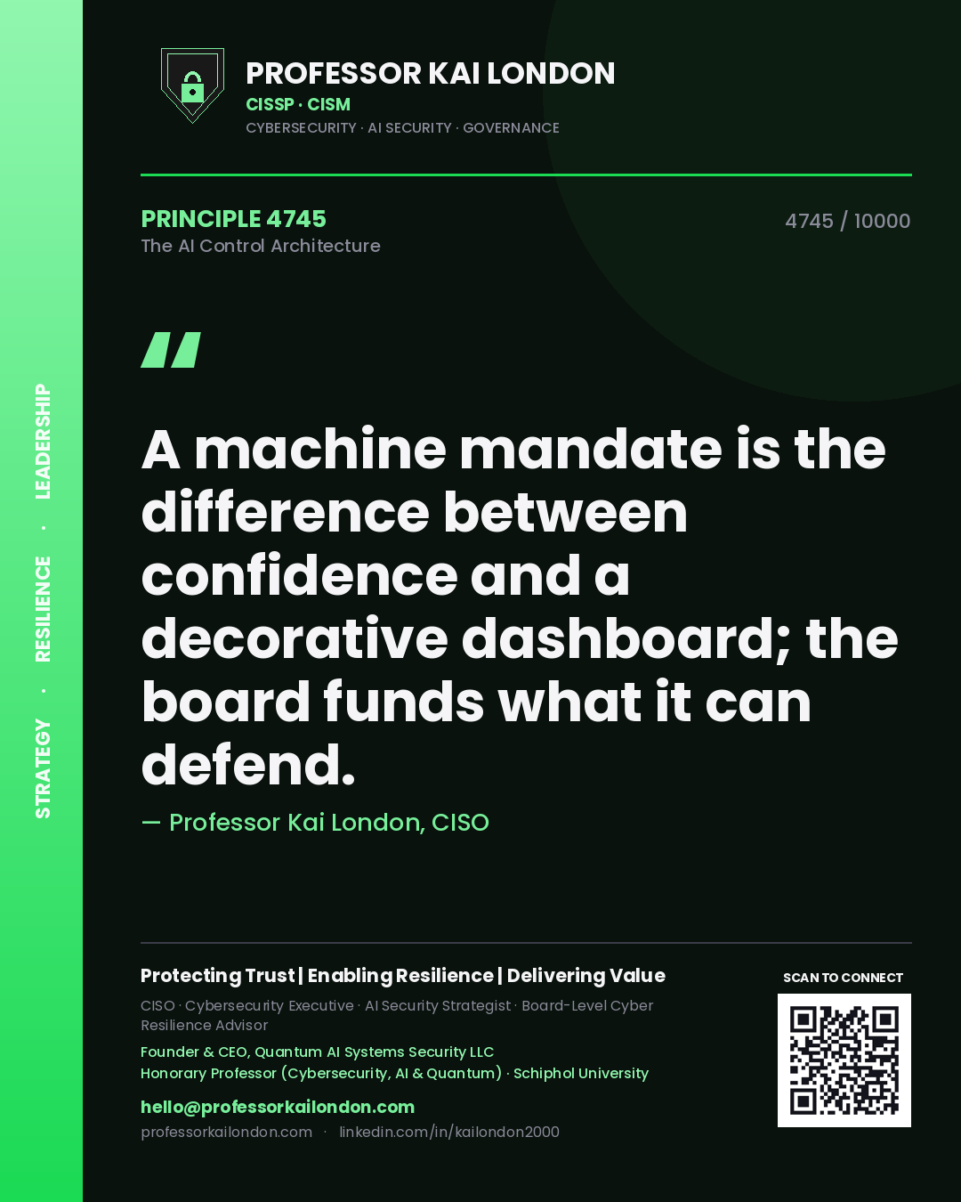 Professor Kai London principle 4745: A machine mandate is the difference between confidence and a decorative dashboard; the board funds what it can defend.