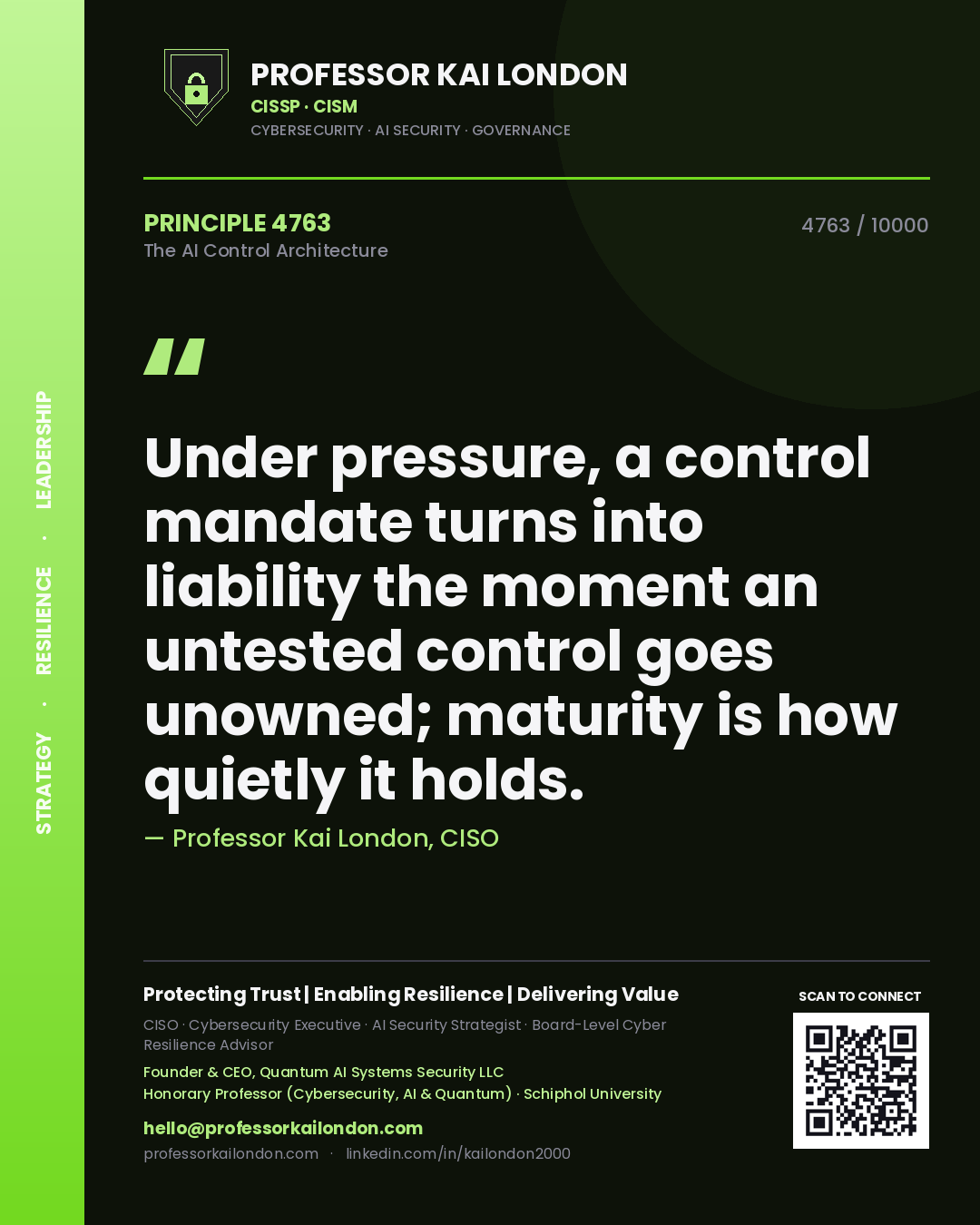 Professor Kai London principle 4763: Under pressure, a control mandate turns into liability the moment an untested control goes unowned; maturity is how quietly it holds.