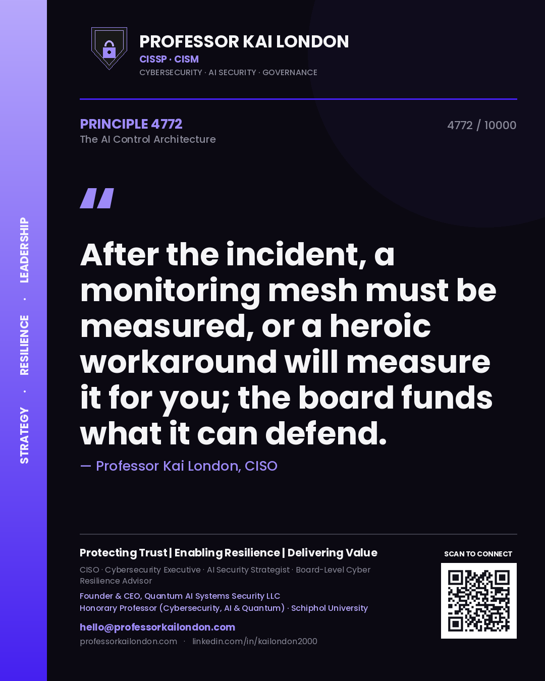 Professor Kai London principle 4772: After the incident, a monitoring mesh must be measured, or a heroic workaround will measure it for you; the board funds what it can defend.