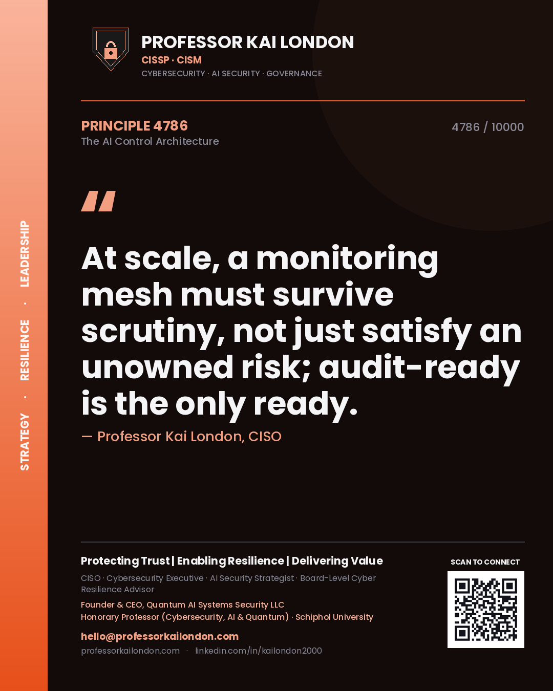Professor Kai London principle 4786: At scale, a monitoring mesh must survive scrutiny, not just satisfy an unowned risk; audit-ready is the only ready.
