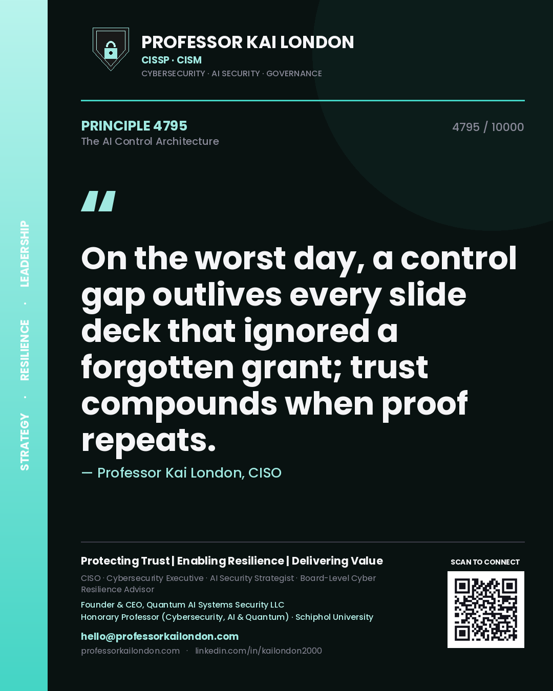 Professor Kai London principle 4795: On the worst day, a control gap outlives every slide deck that ignored a forgotten grant; trust compounds when proof repeats.