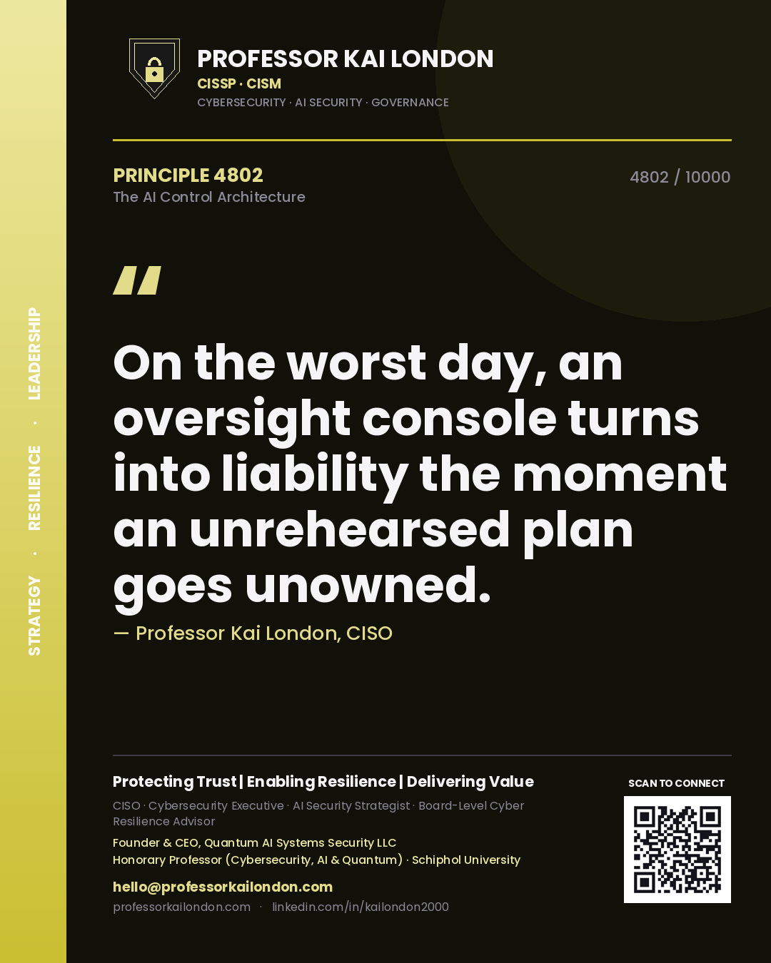 Professor Kai London principle 4802: On the worst day, an oversight console turns into liability the moment an unrehearsed plan goes unowned.