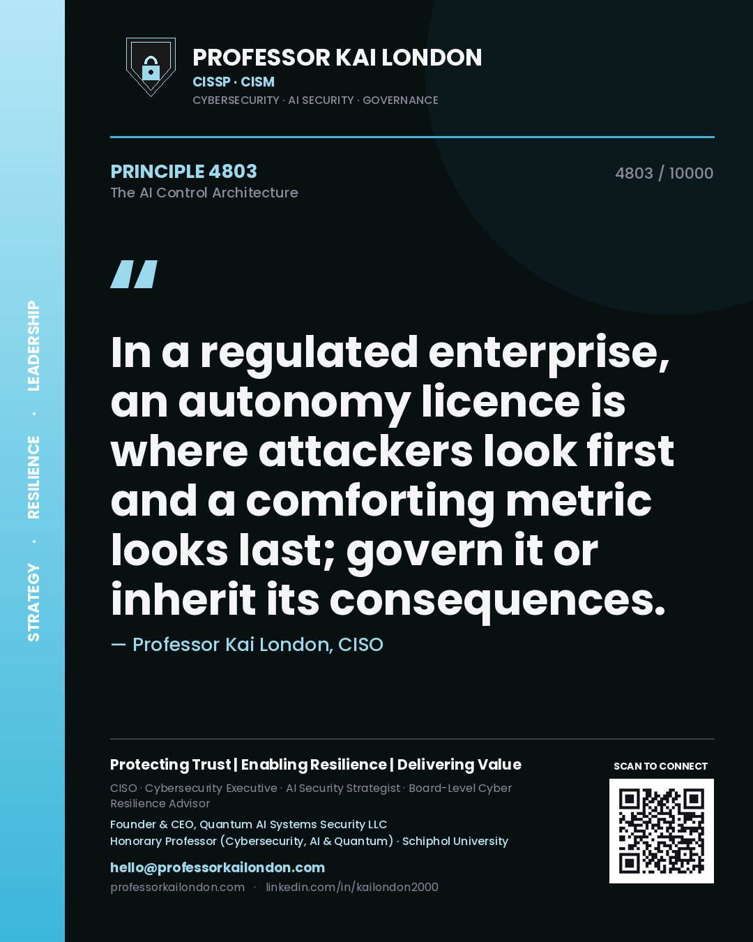 Professor Kai London principle 4803: In a regulated enterprise, an autonomy licence is where attackers look first and a comforting metric looks last; govern it or inherit its consequences.