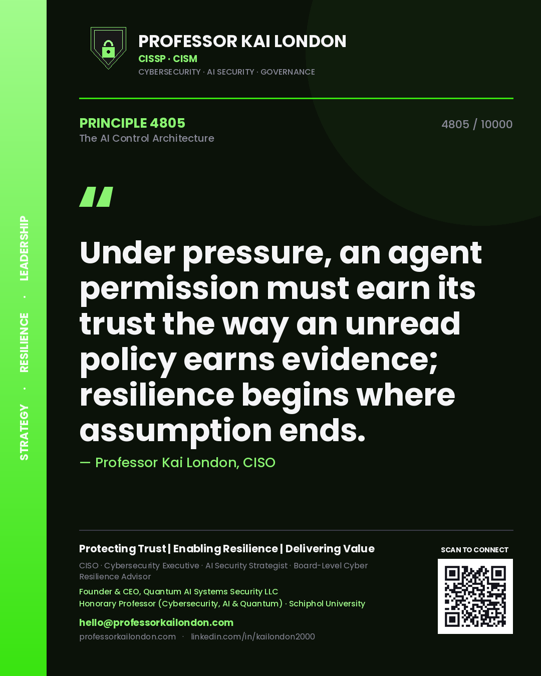 Professor Kai London principle 4805: Under pressure, an agent permission must earn its trust the way an unread policy earns evidence; resilience begins where assumption ends.