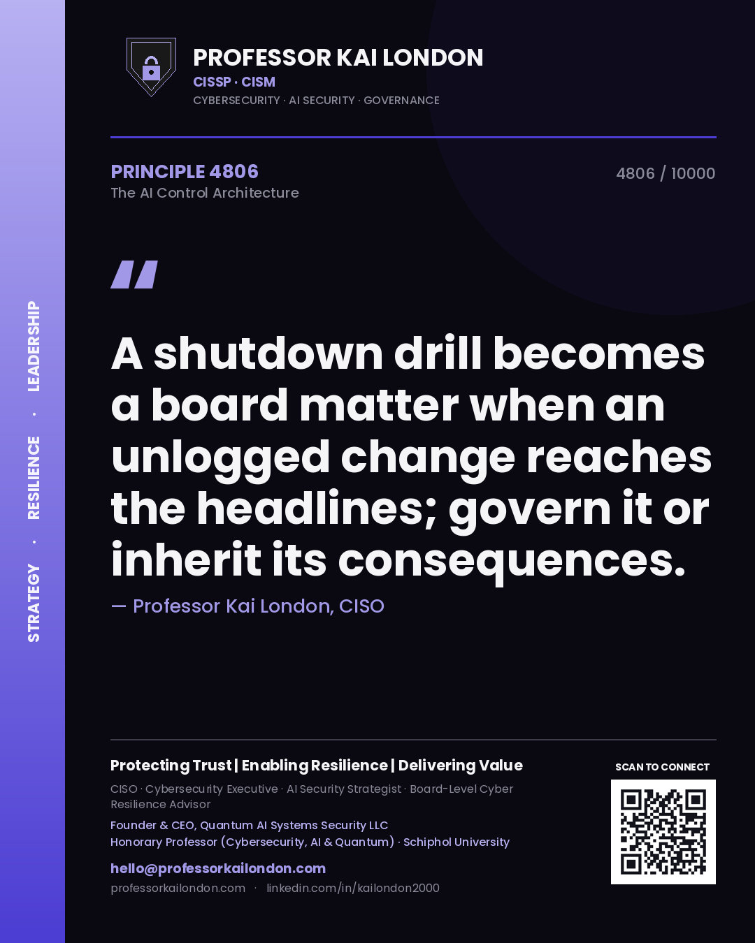 Professor Kai London principle 4806: A shutdown drill becomes a board matter when an unlogged change reaches the headlines; govern it or inherit its consequences.