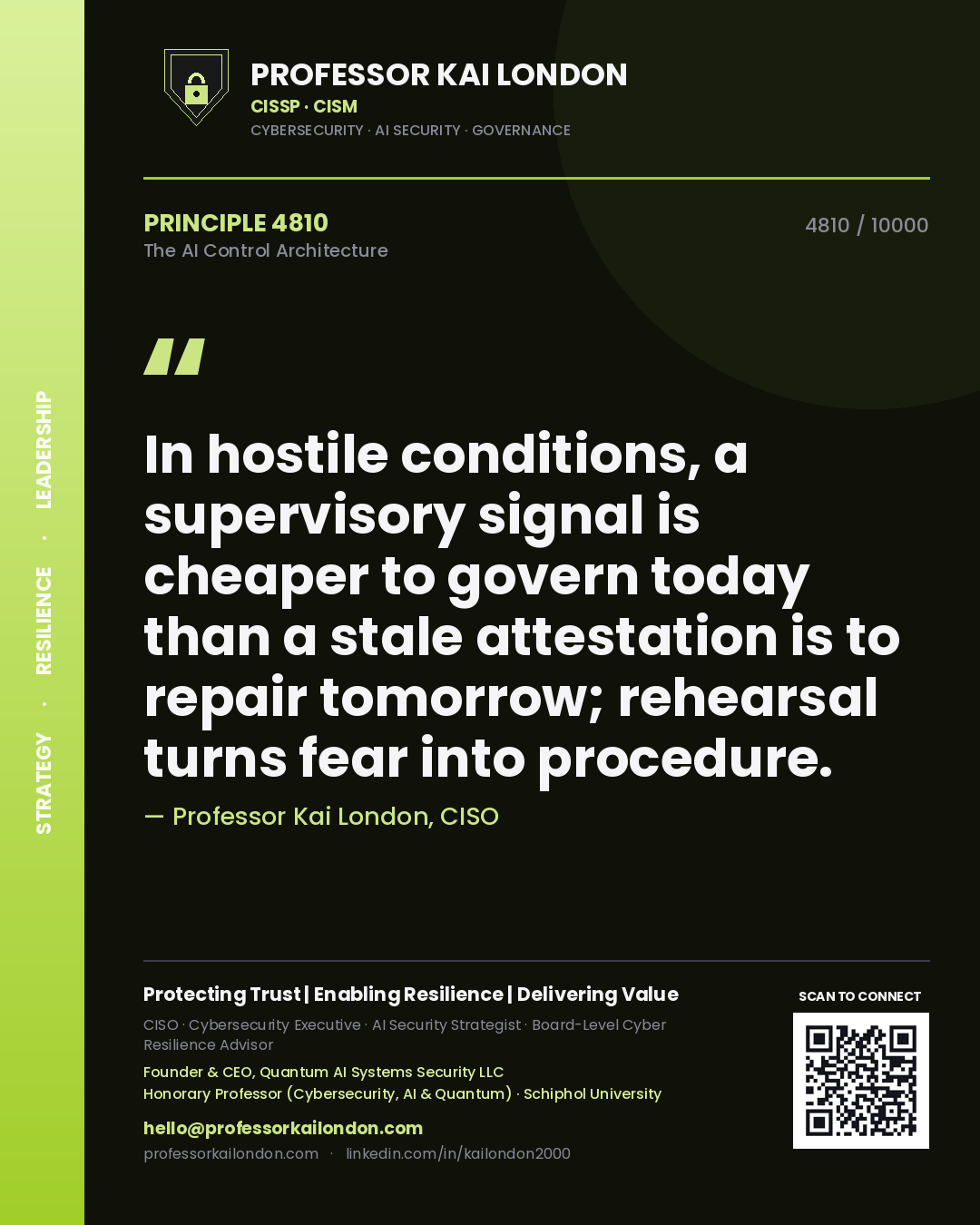 Professor Kai London principle 4810: In hostile conditions, a supervisory signal is cheaper to govern today than a stale attestation is to repair tomorrow; rehearsal turns fear into procedure.
