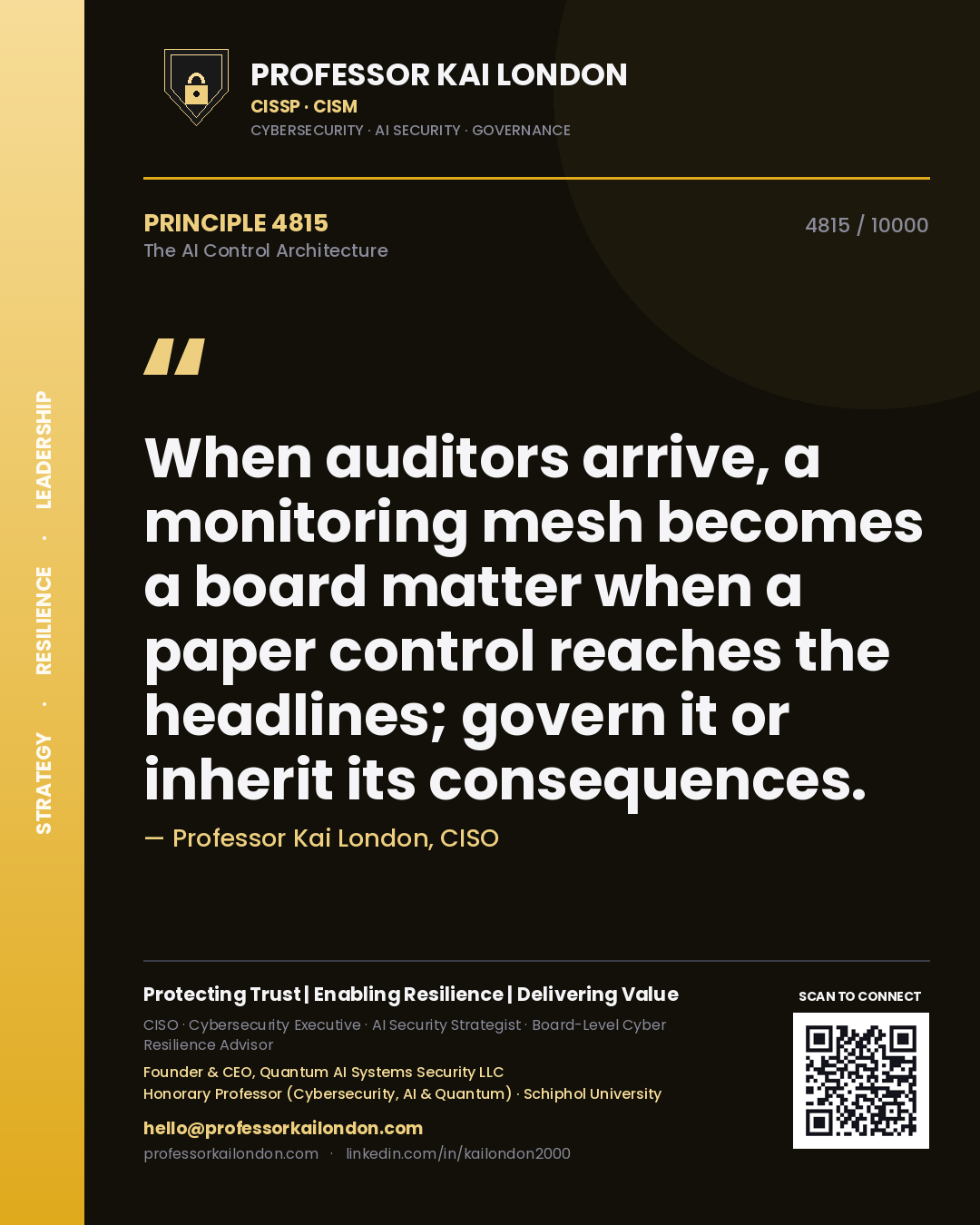 Professor Kai London principle 4815: When auditors arrive, a monitoring mesh becomes a board matter when a paper control reaches the headlines; govern it or inherit its consequences.