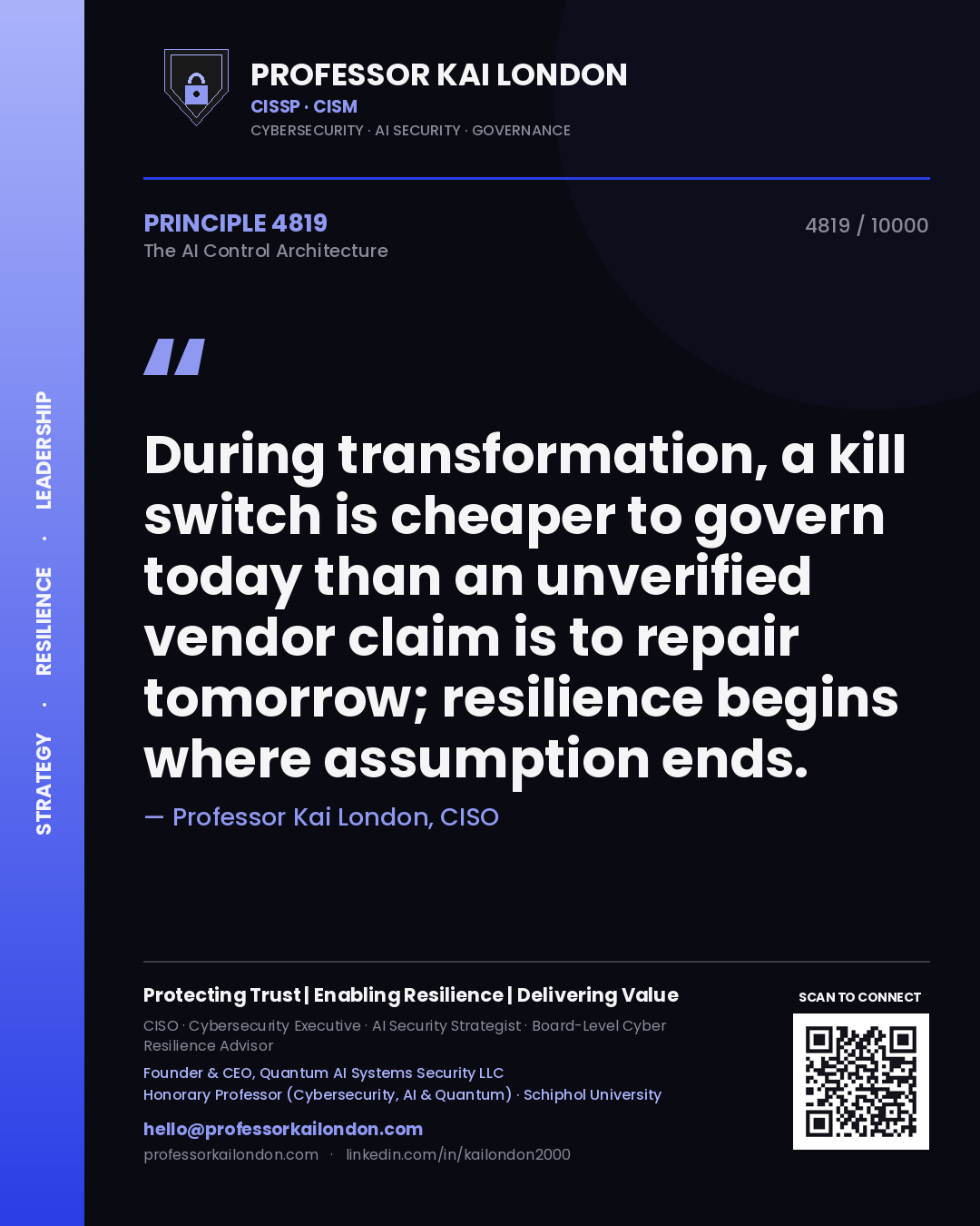 Professor Kai London principle 4819: During transformation, a kill switch is cheaper to govern today than an unverified vendor claim is to repair tomorrow; resilience begins where assumption ends.