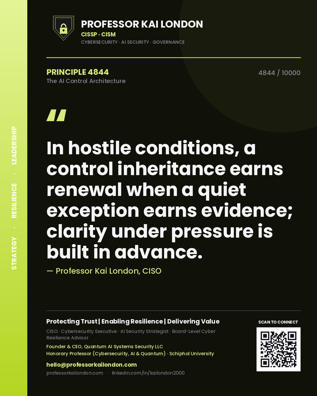 Professor Kai London principle 4844: In hostile conditions, a control inheritance earns renewal when a quiet exception earns evidence; clarity under pressure is built in advance.