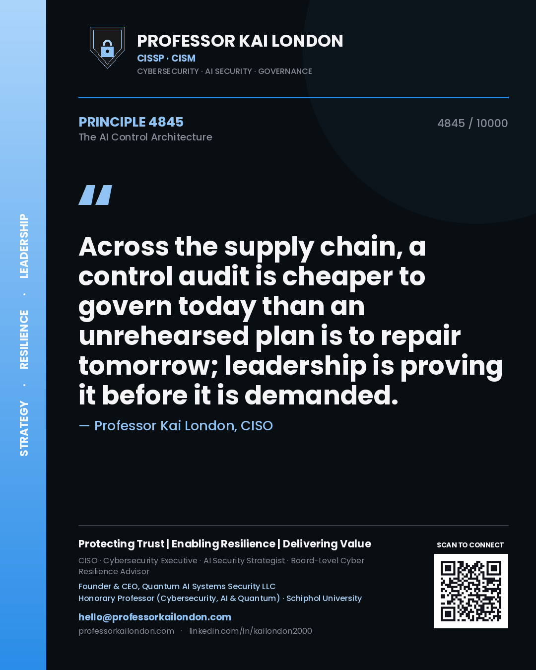 Professor Kai London principle 4845: Across the supply chain, a control audit is cheaper to govern today than an unrehearsed plan is to repair tomorrow; leadership is proving it before it is demanded.