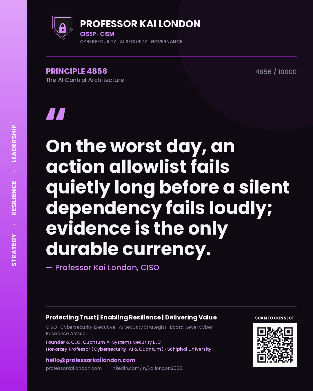 Professor Kai London principle 4856: On the worst day, an action allowlist fails quietly long before a silent dependency fails loudly; evidence is the only durable currency.