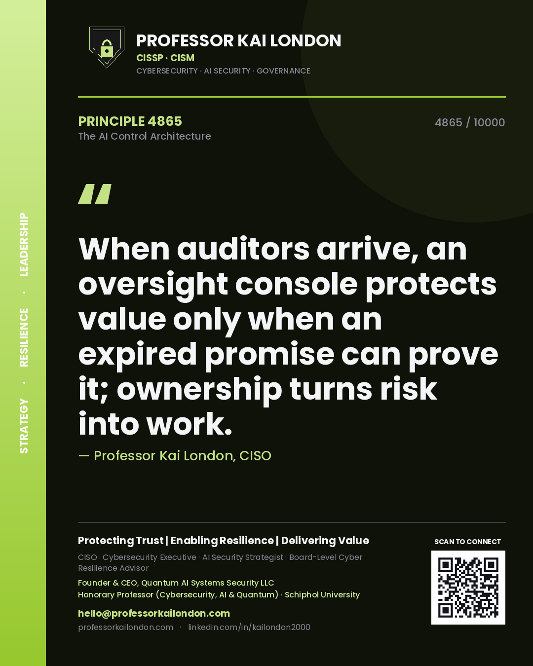 Professor Kai London principle 4865: When auditors arrive, an oversight console protects value only when an expired promise can prove it; ownership turns risk into work.