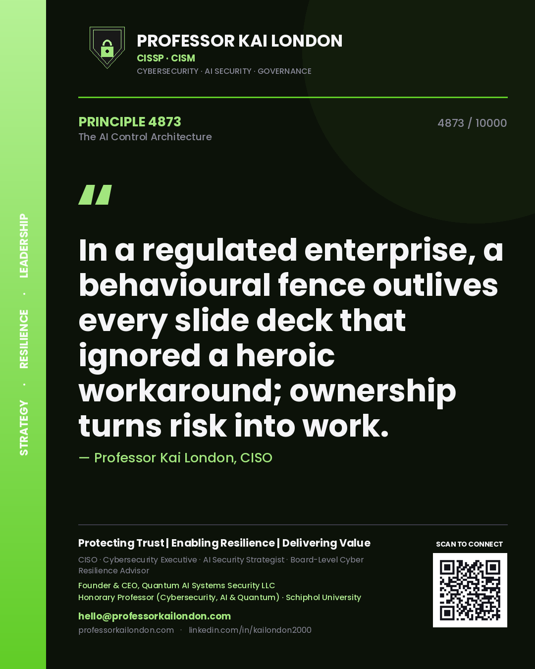 Professor Kai London principle 4873: In a regulated enterprise, a behavioural fence outlives every slide deck that ignored a heroic workaround; ownership turns risk into work.