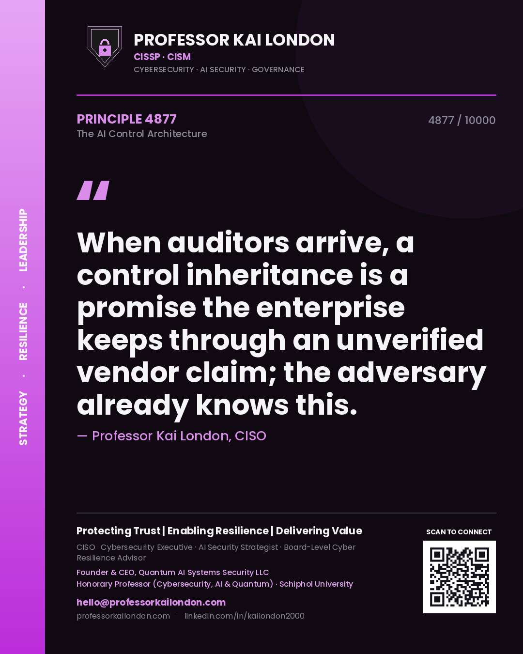Professor Kai London principle 4877: When auditors arrive, a control inheritance is a promise the enterprise keeps through an unverified vendor claim; the adversary already knows this.