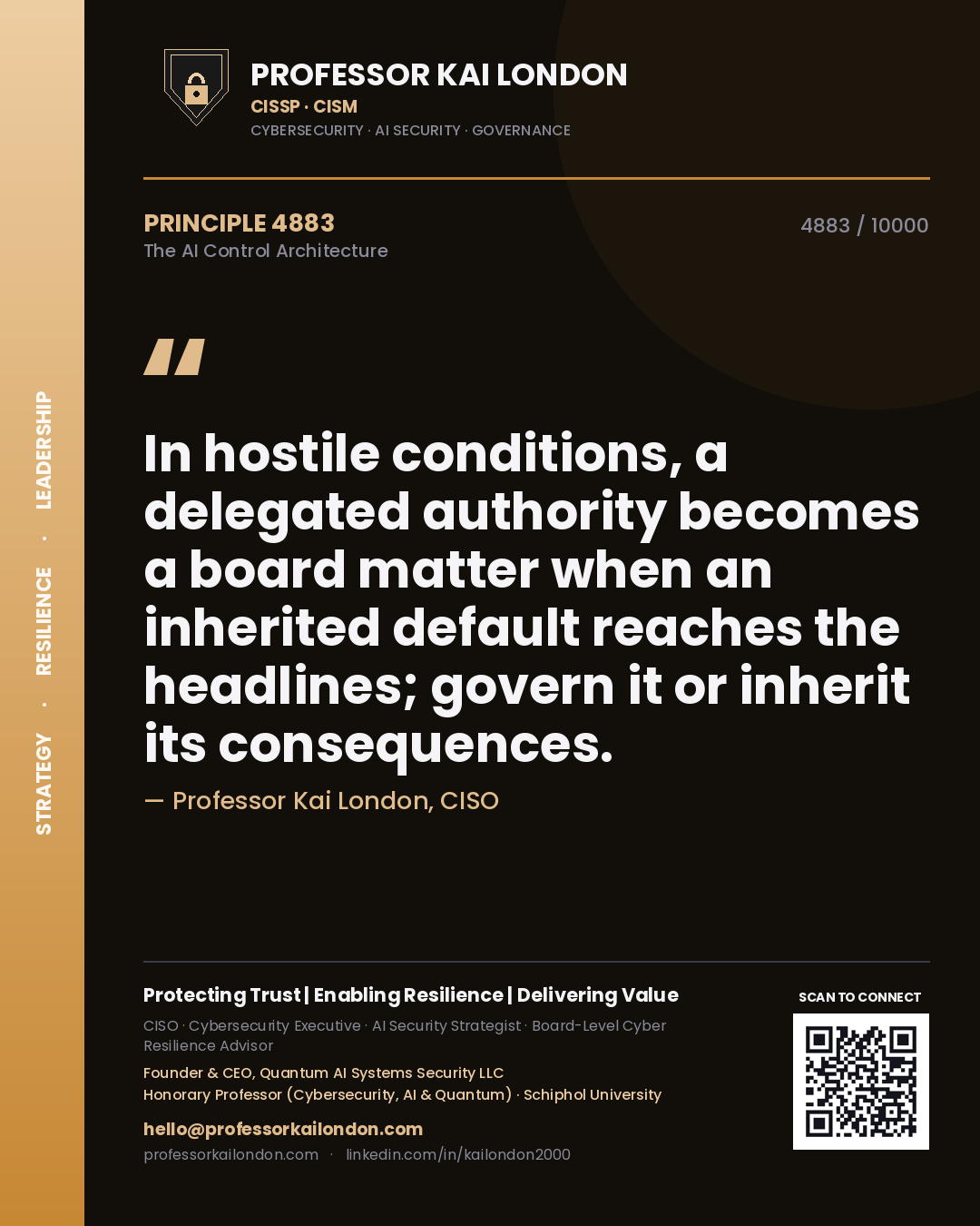 Professor Kai London principle 4883: In hostile conditions, a delegated authority becomes a board matter when an inherited default reaches the headlines; govern it or inherit its consequences.