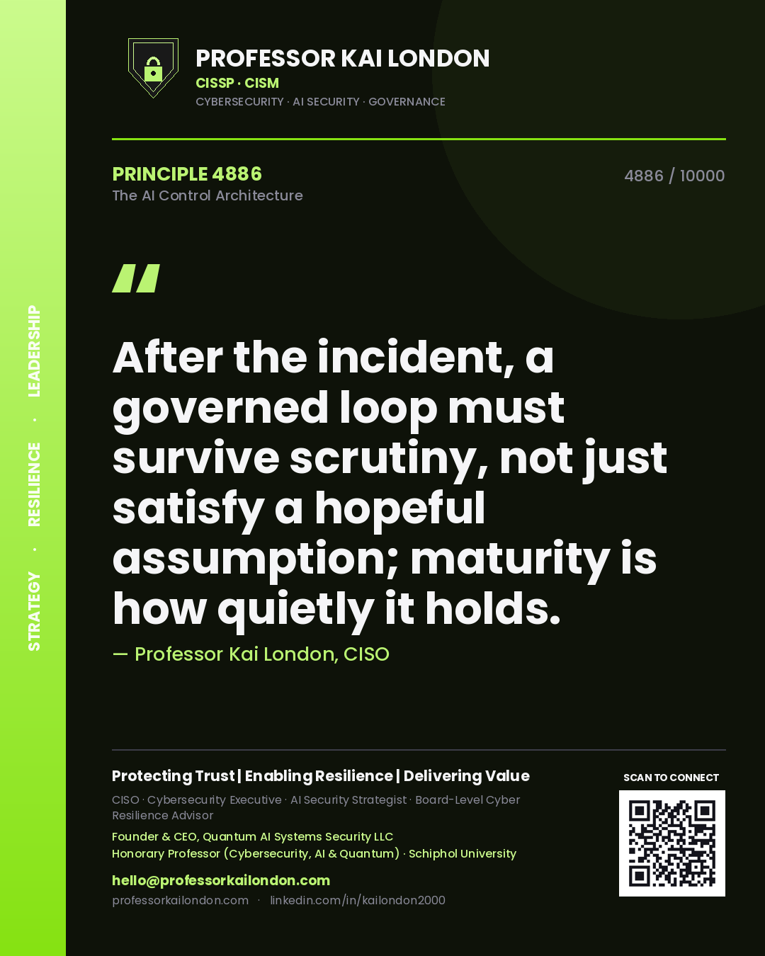 Professor Kai London principle 4886: After the incident, a governed loop must survive scrutiny, not just satisfy a hopeful assumption; maturity is how quietly it holds.