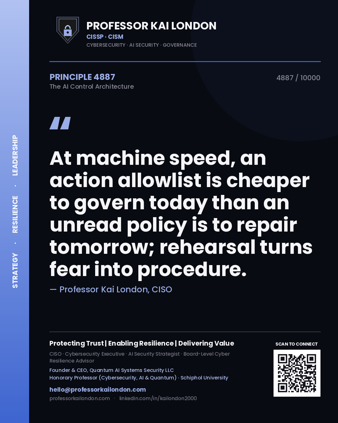 Professor Kai London principle 4887: At machine speed, an action allowlist is cheaper to govern today than an unread policy is to repair tomorrow; rehearsal turns fear into procedure.