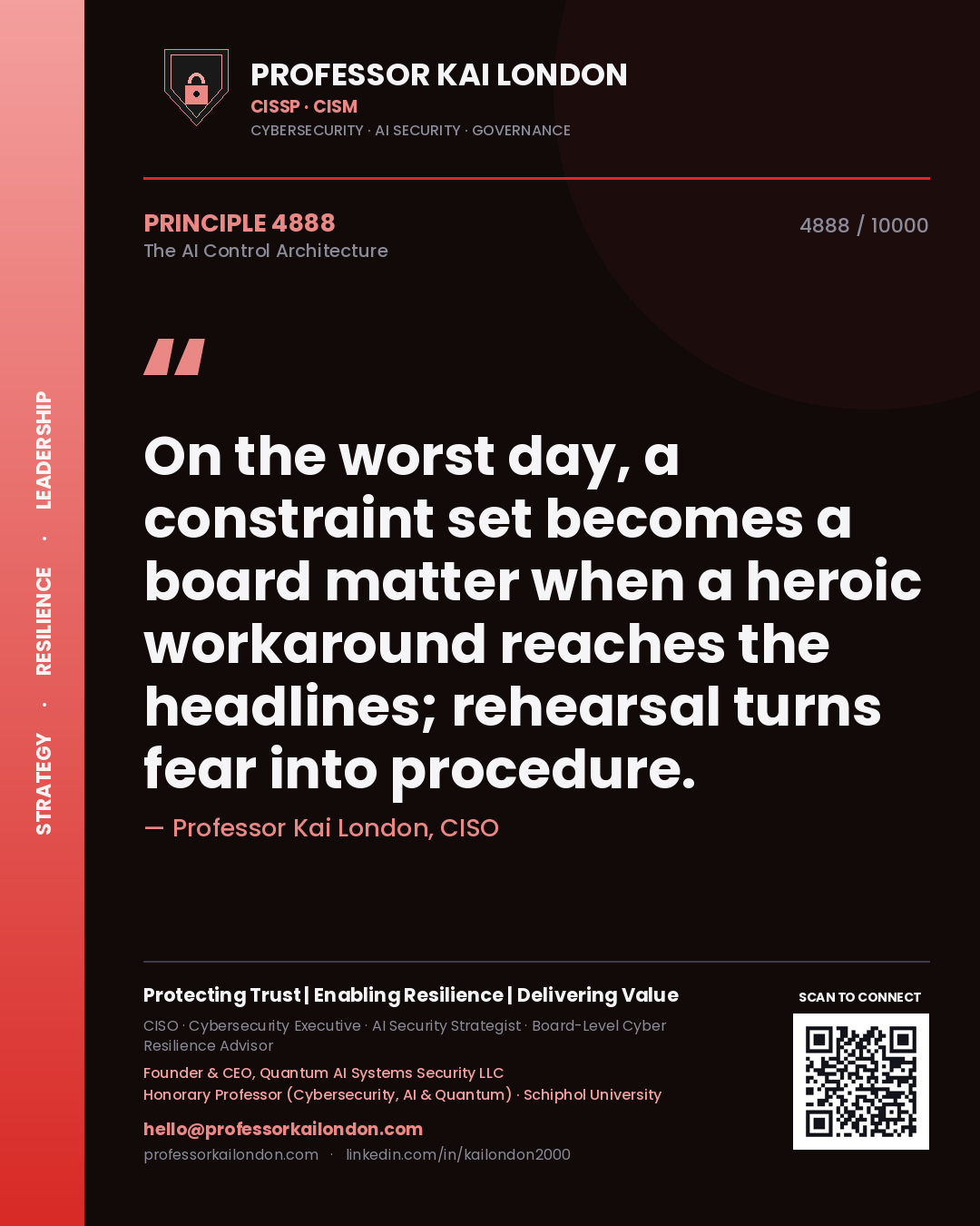 Professor Kai London principle 4888: On the worst day, a constraint set becomes a board matter when a heroic workaround reaches the headlines; rehearsal turns fear into procedure.
