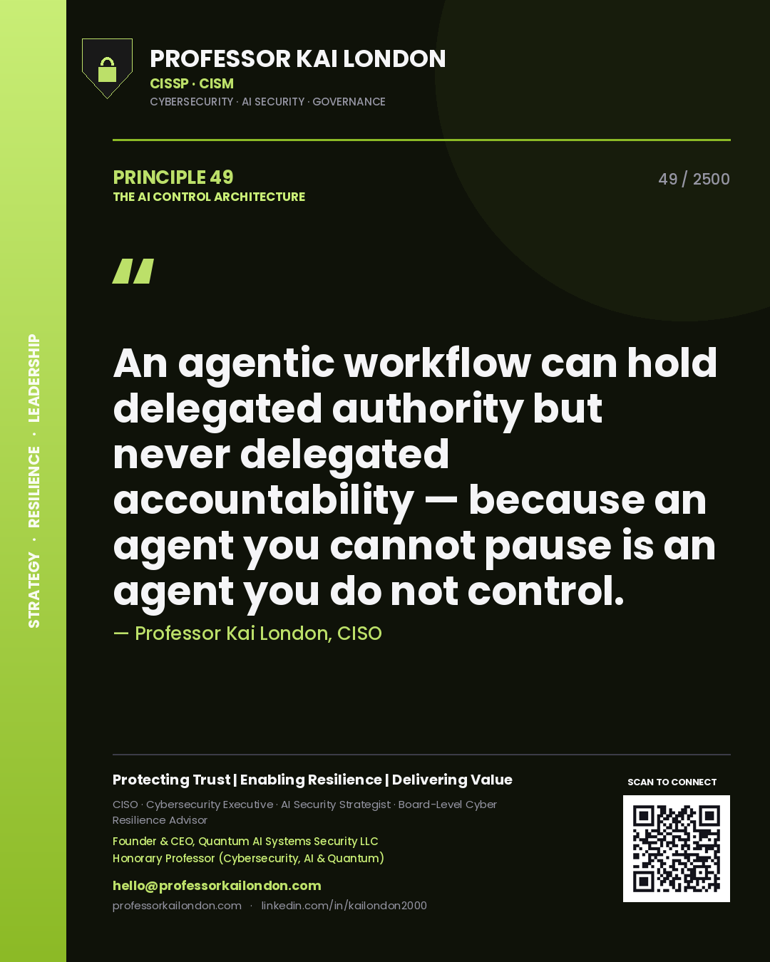 Professor Kai London principle 49: An agentic workflow can hold delegated authority but never delegated accountability — because an agent you cannot pause is an agent you do not control.