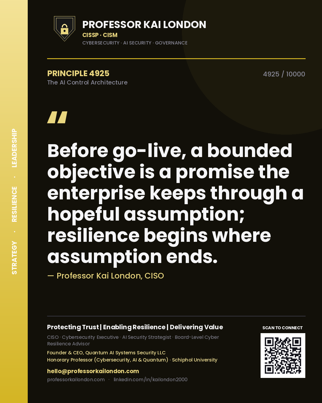 Professor Kai London principle 4925: Before go-live, a bounded objective is a promise the enterprise keeps through a hopeful assumption; resilience begins where assumption ends.