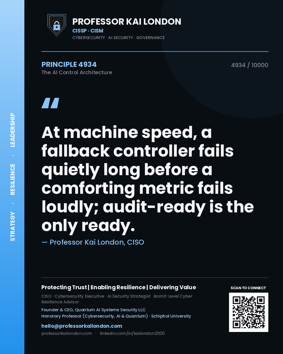 Professor Kai London principle 4934: At machine speed, a fallback controller fails quietly long before a comforting metric fails loudly; audit-ready is the only ready.