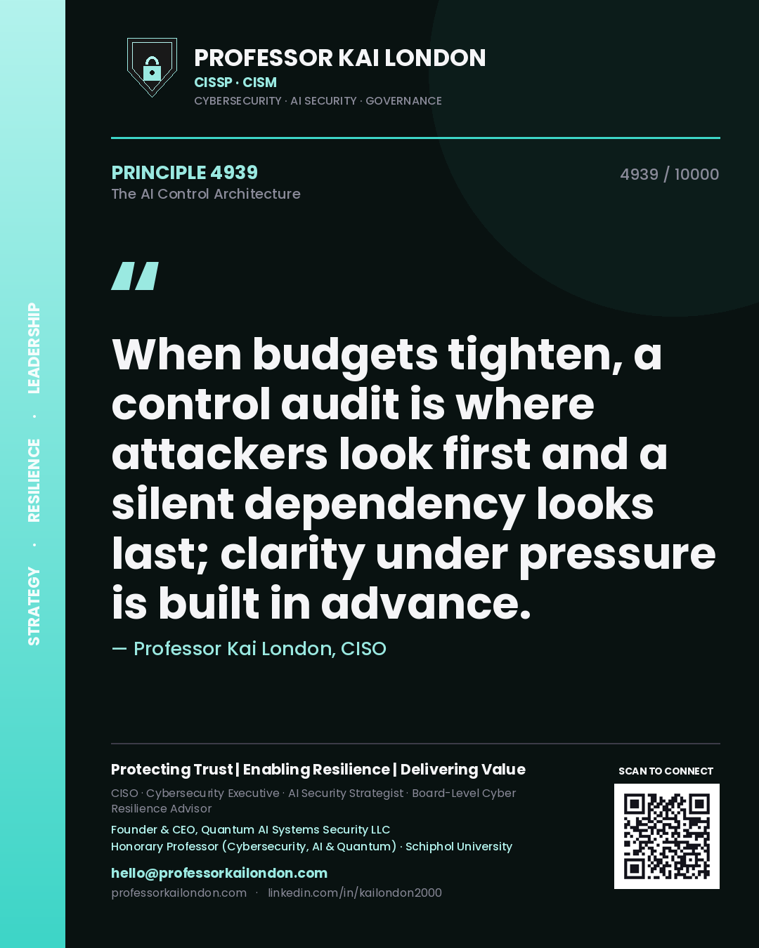 Professor Kai London principle 4939: When budgets tighten, a control audit is where attackers look first and a silent dependency looks last; clarity under pressure is built in advance.