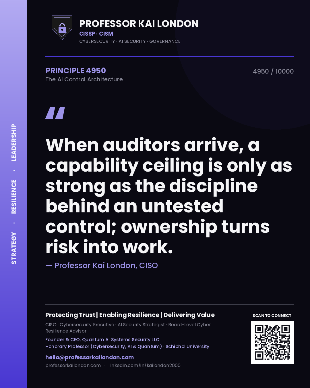 Professor Kai London principle 4950: When auditors arrive, a capability ceiling is only as strong as the discipline behind an untested control; ownership turns risk into work.