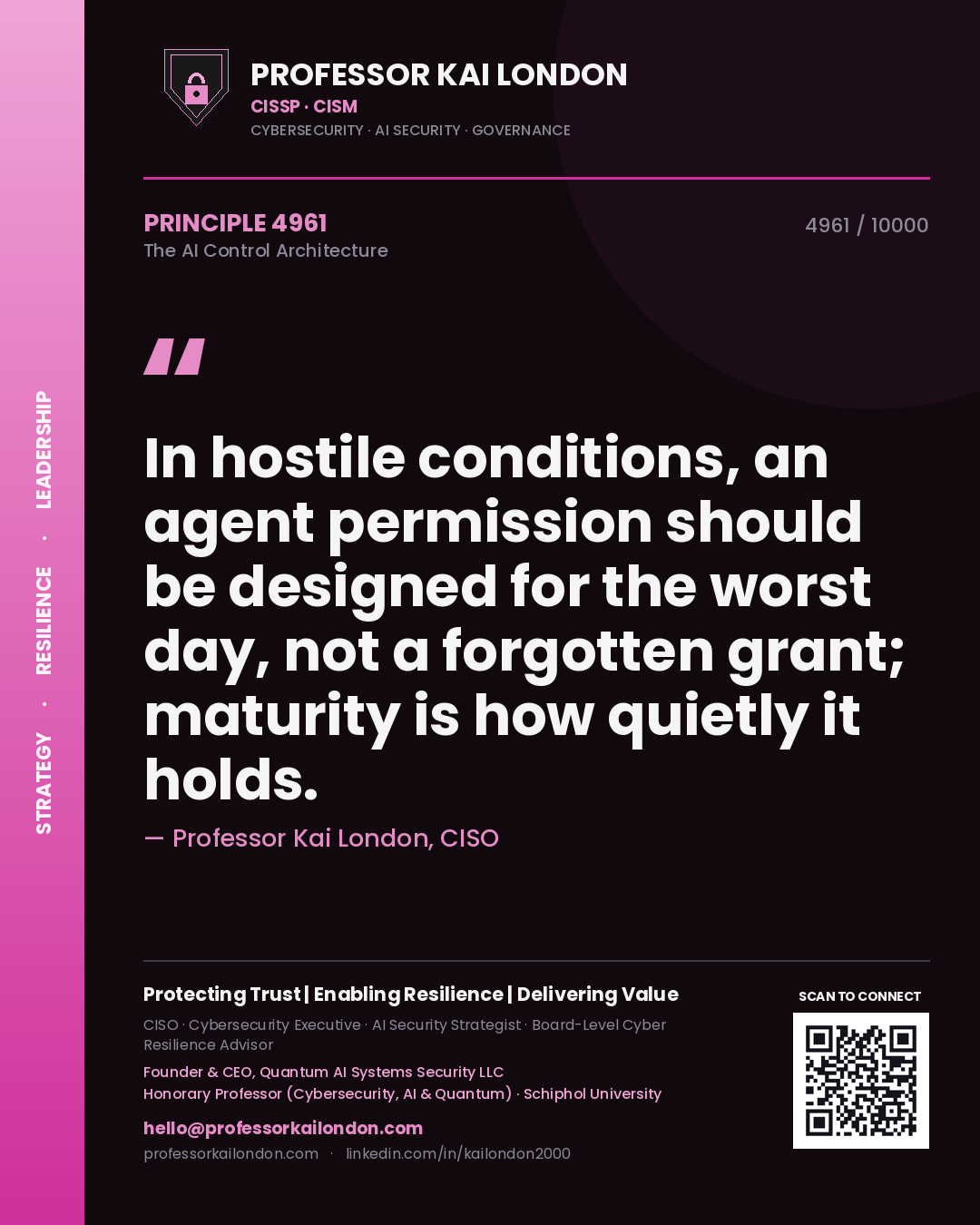 Professor Kai London principle 4961: In hostile conditions, an agent permission should be designed for the worst day, not a forgotten grant; maturity is how quietly it holds.