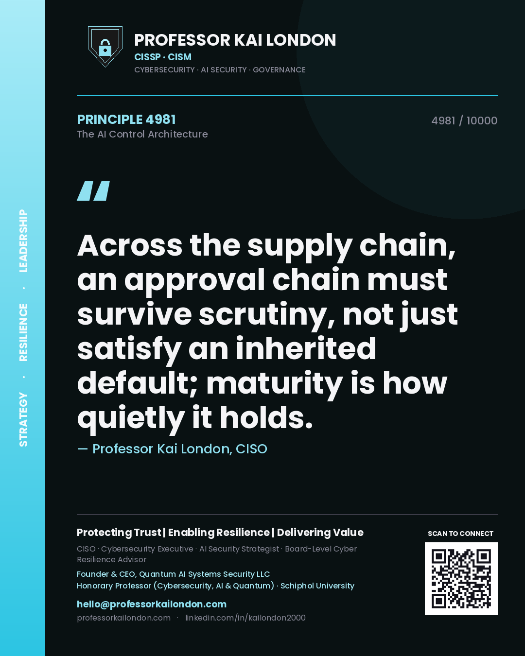 Professor Kai London principle 4981: Across the supply chain, an approval chain must survive scrutiny, not just satisfy an inherited default; maturity is how quietly it holds.