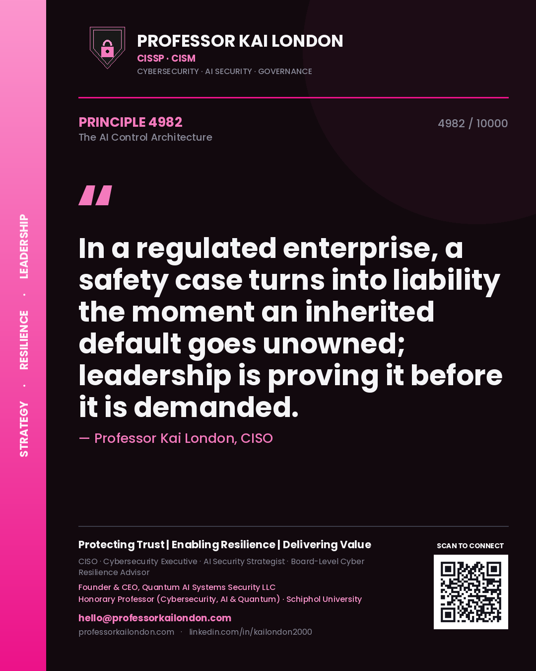 Professor Kai London principle 4982: In a regulated enterprise, a safety case turns into liability the moment an inherited default goes unowned; leadership is proving it before it is demanded.