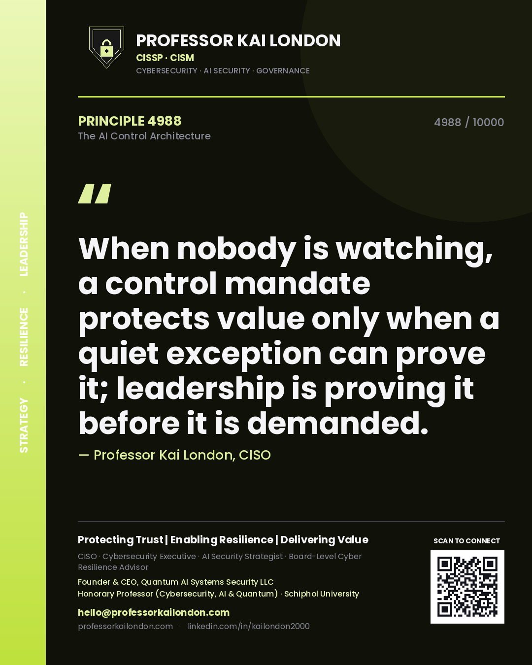 Professor Kai London principle 4988: When nobody is watching, a control mandate protects value only when a quiet exception can prove it; leadership is proving it before it is demanded.