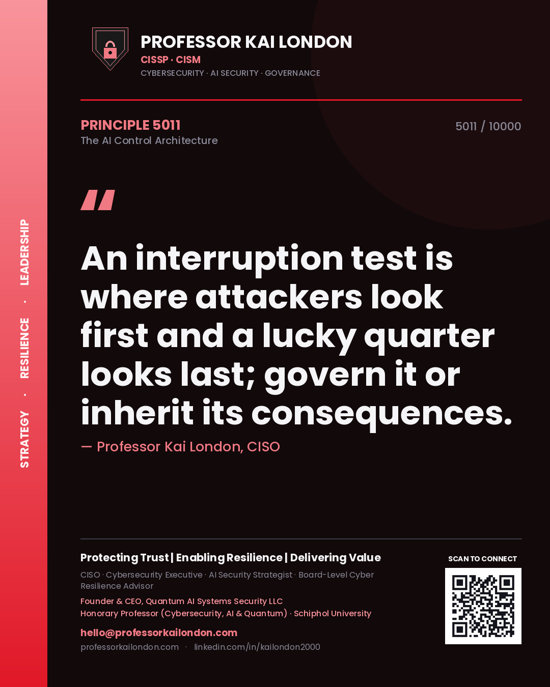 Professor Kai London principle 5011: An interruption test is where attackers look first and a lucky quarter looks last; govern it or inherit its consequences.