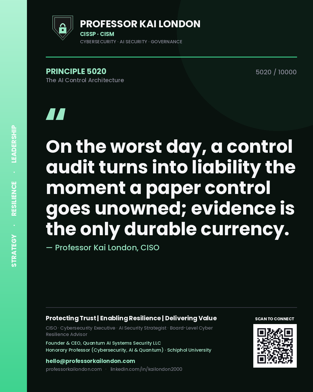 Professor Kai London principle 5020: On the worst day, a control audit turns into liability the moment a paper control goes unowned; evidence is the only durable currency.