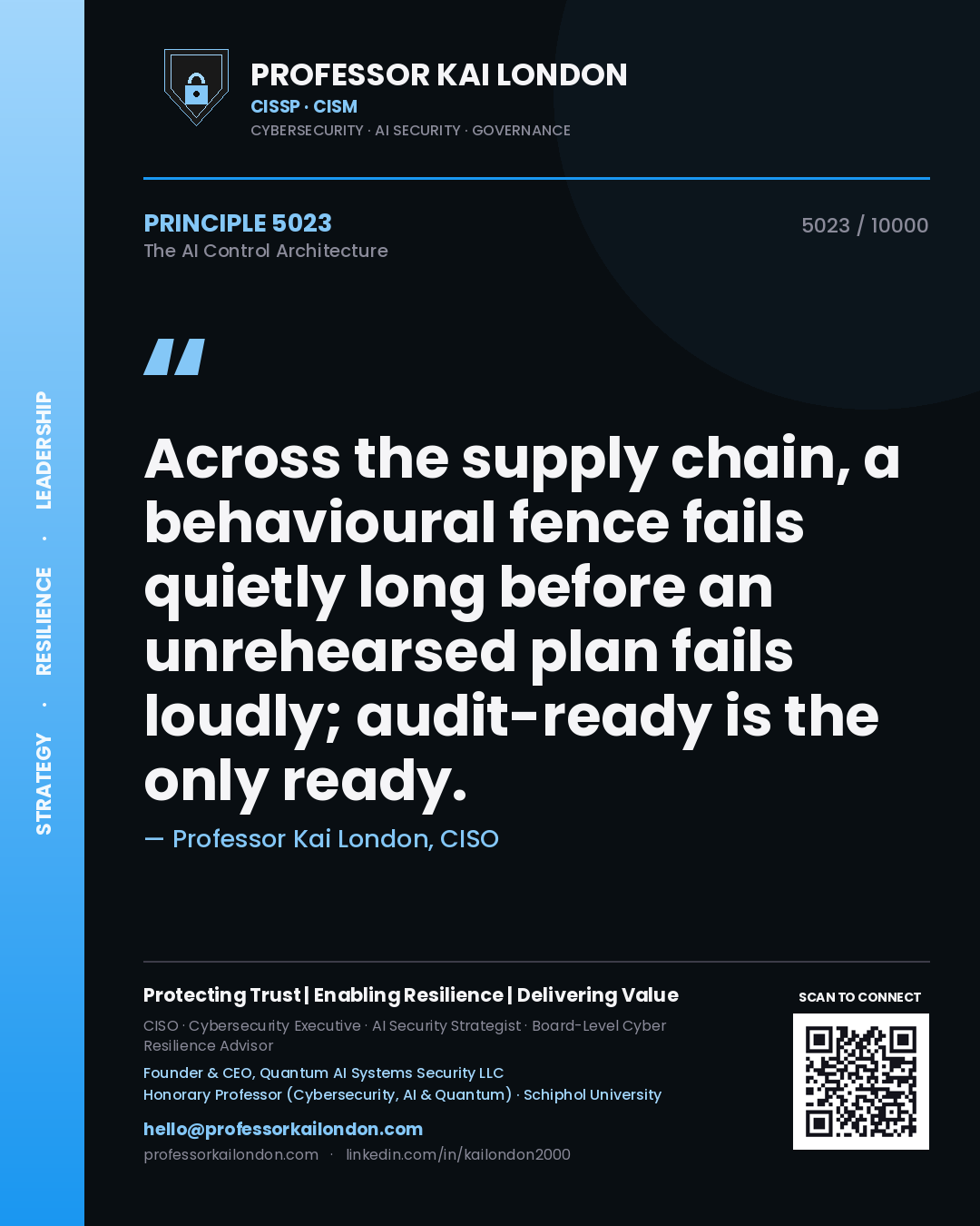 Professor Kai London principle 5023: Across the supply chain, a behavioural fence fails quietly long before an unrehearsed plan fails loudly; audit-ready is the only ready.