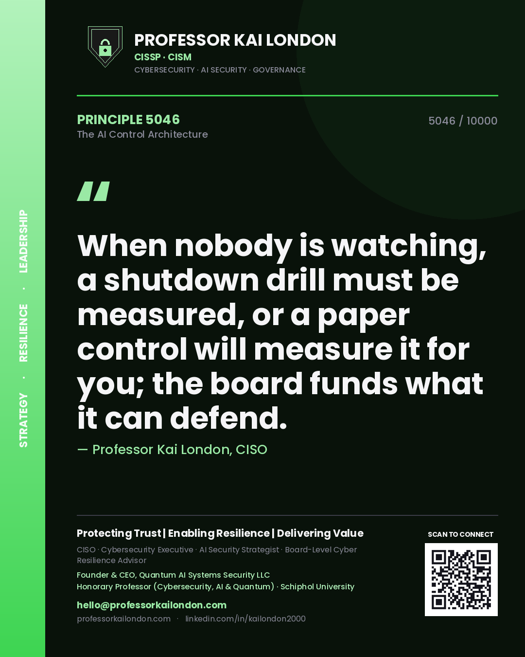 Professor Kai London principle 5046: When nobody is watching, a shutdown drill must be measured, or a paper control will measure it for you; the board funds what it can defend.