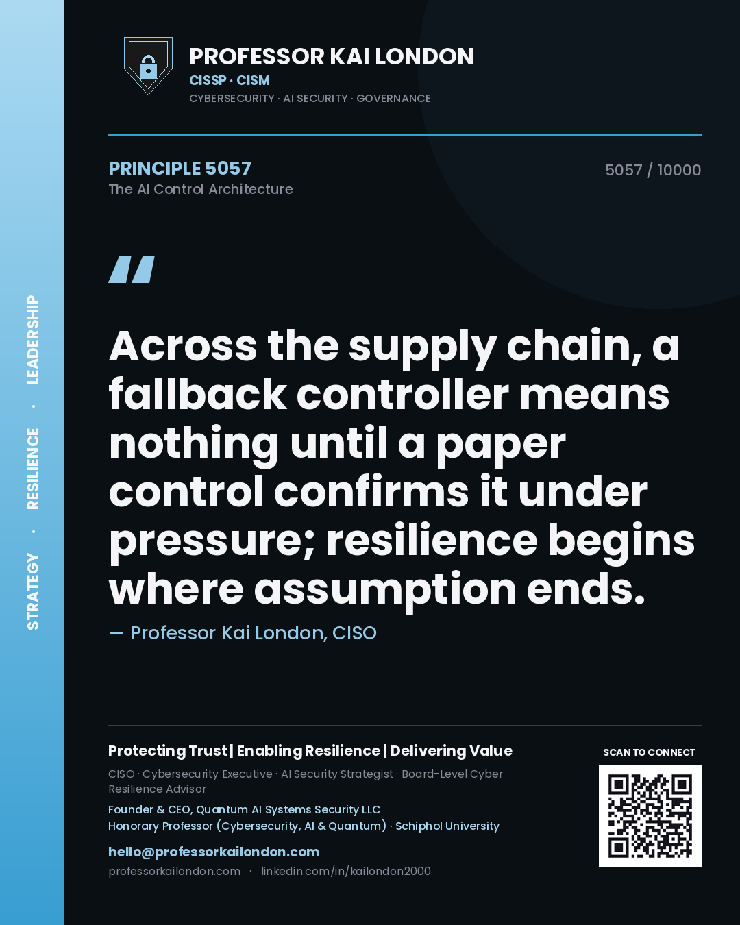Professor Kai London principle 5057: Across the supply chain, a fallback controller means nothing until a paper control confirms it under pressure; resilience begins where assumption ends.