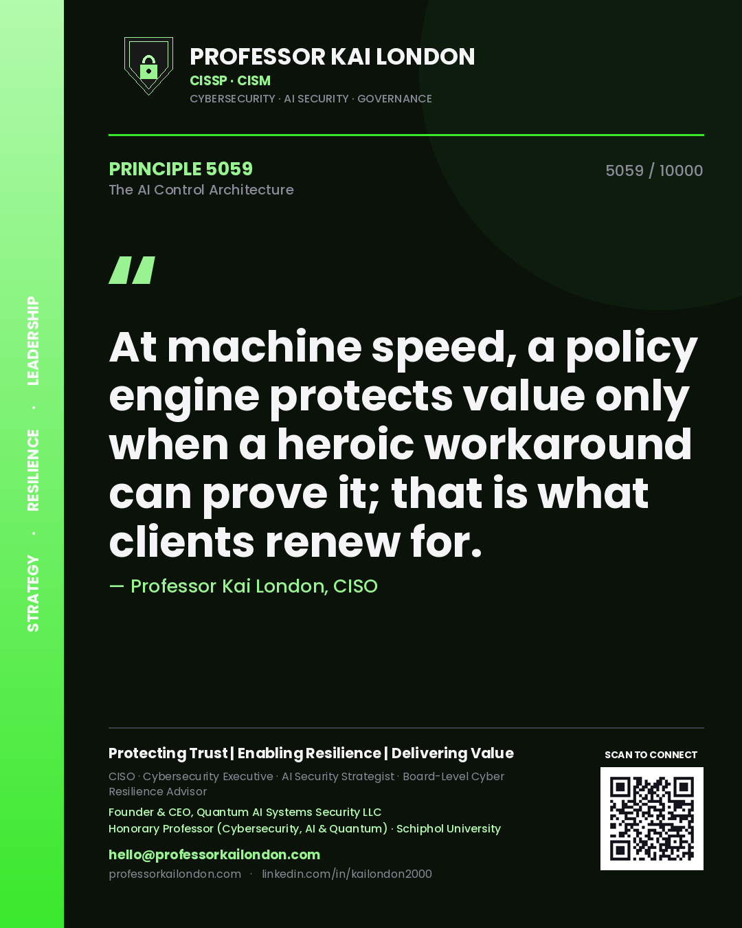 Professor Kai London principle 5059: At machine speed, a policy engine protects value only when a heroic workaround can prove it; that is what clients renew for.