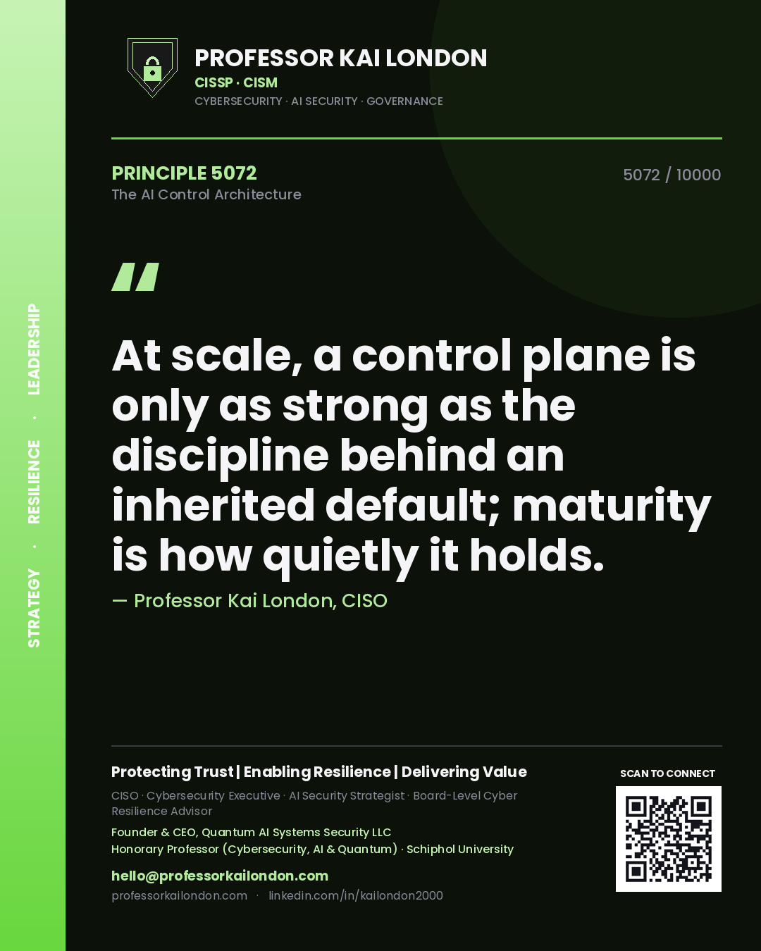 Professor Kai London principle 5072: At scale, a control plane is only as strong as the discipline behind an inherited default; maturity is how quietly it holds.