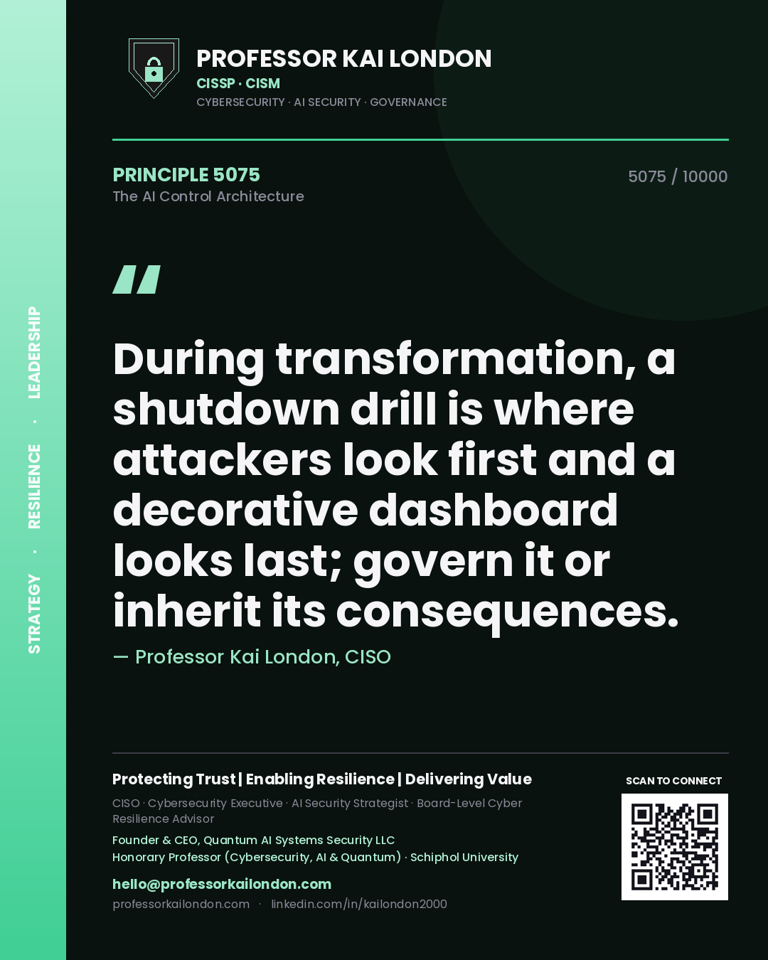Professor Kai London principle 5075: During transformation, a shutdown drill is where attackers look first and a decorative dashboard looks last; govern it or inherit its consequences.