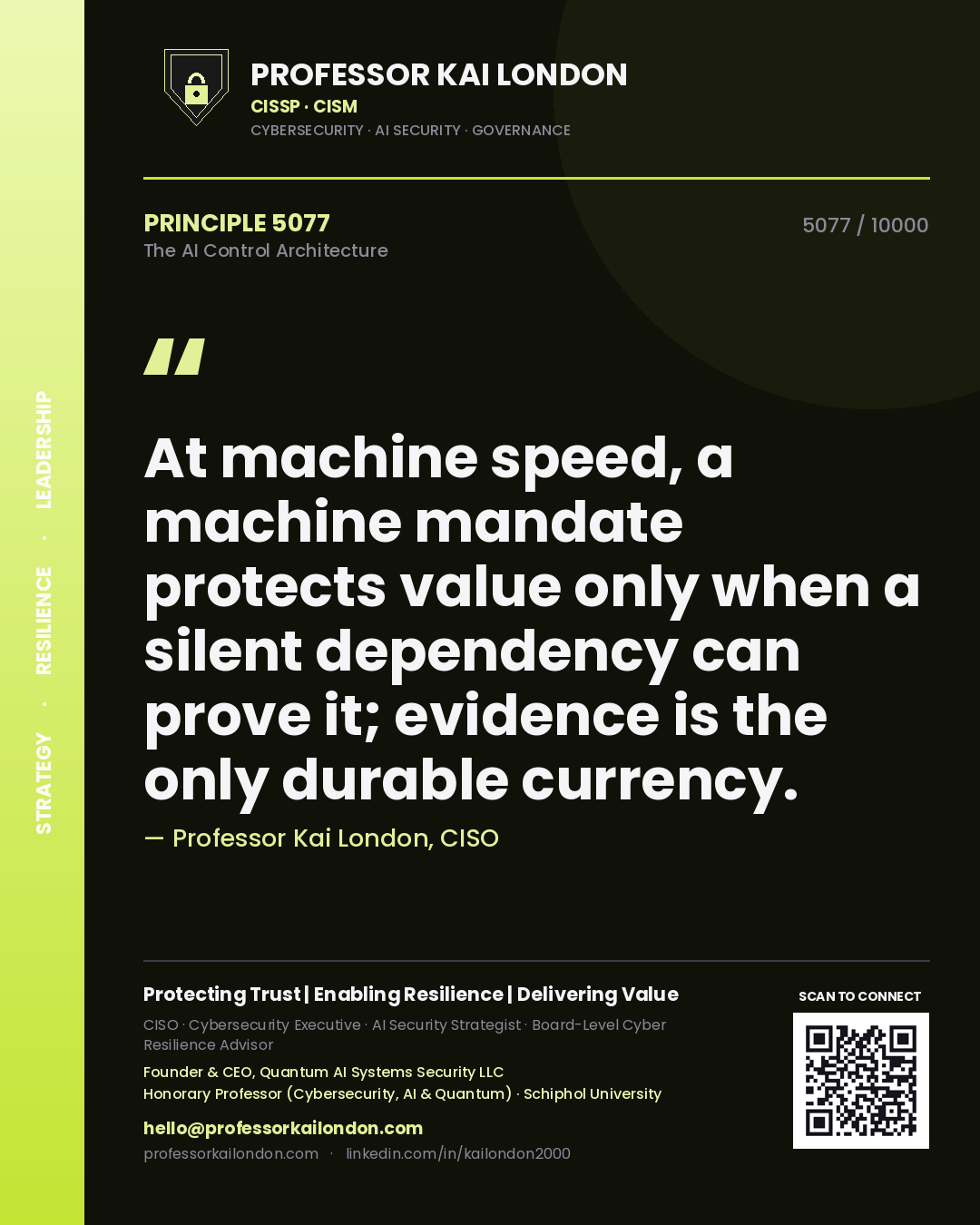 Professor Kai London principle 5077: At machine speed, a machine mandate protects value only when a silent dependency can prove it; evidence is the only durable currency.