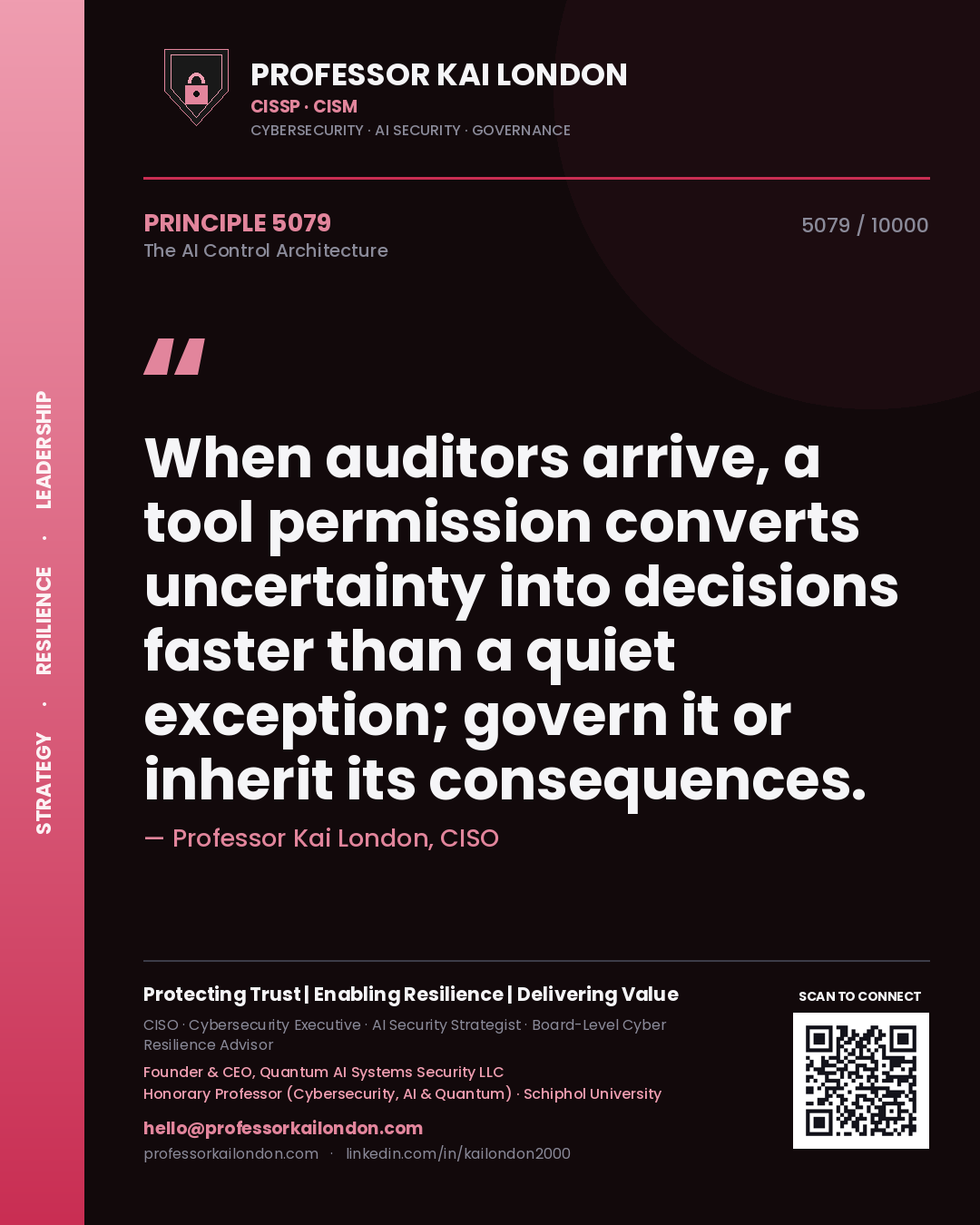 Professor Kai London principle 5079: When auditors arrive, a tool permission converts uncertainty into decisions faster than a quiet exception; govern it or inherit its consequences.