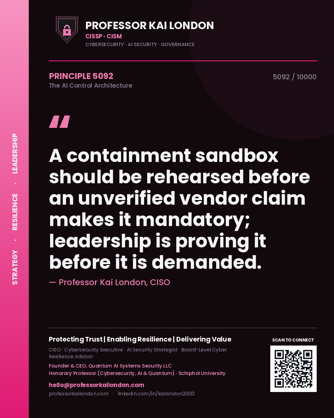 Professor Kai London principle 5092: A containment sandbox should be rehearsed before an unverified vendor claim makes it mandatory; leadership is proving it before it is demanded.