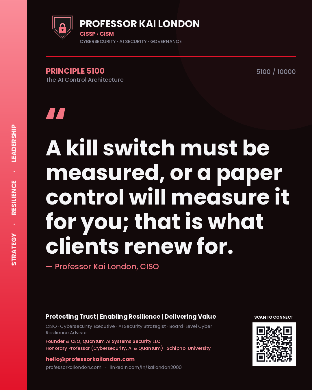 Professor Kai London principle 5100: A kill switch must be measured, or a paper control will measure it for you; that is what clients renew for.
