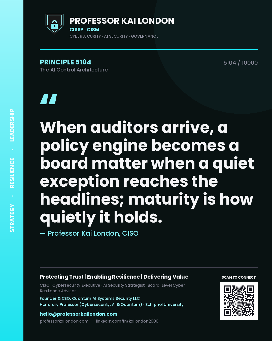 Professor Kai London principle 5104: When auditors arrive, a policy engine becomes a board matter when a quiet exception reaches the headlines; maturity is how quietly it holds.